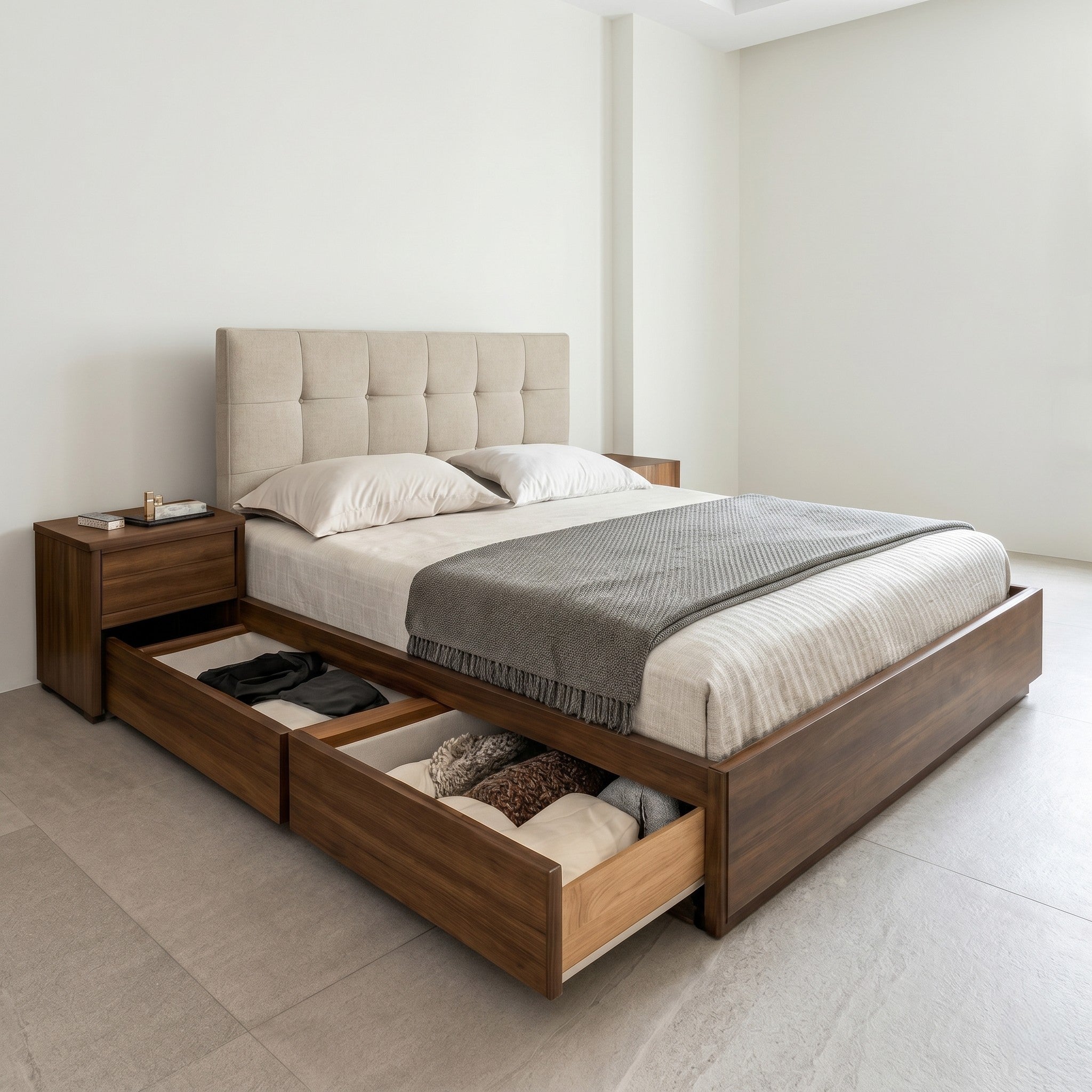 Dark Walnut Storage Bed with Tufted Linen Headboard and Under-Bed Pull-Out Drawers