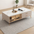 Marble-Top Coffee Table with LED-Lit Glass Cabinet, Dual Drawers & Gold Legs