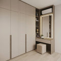 Greige Floor-to-Ceiling Wardrobe with Integrated Walnut Dressing Table, LED Mirror and Open Display Shelves
