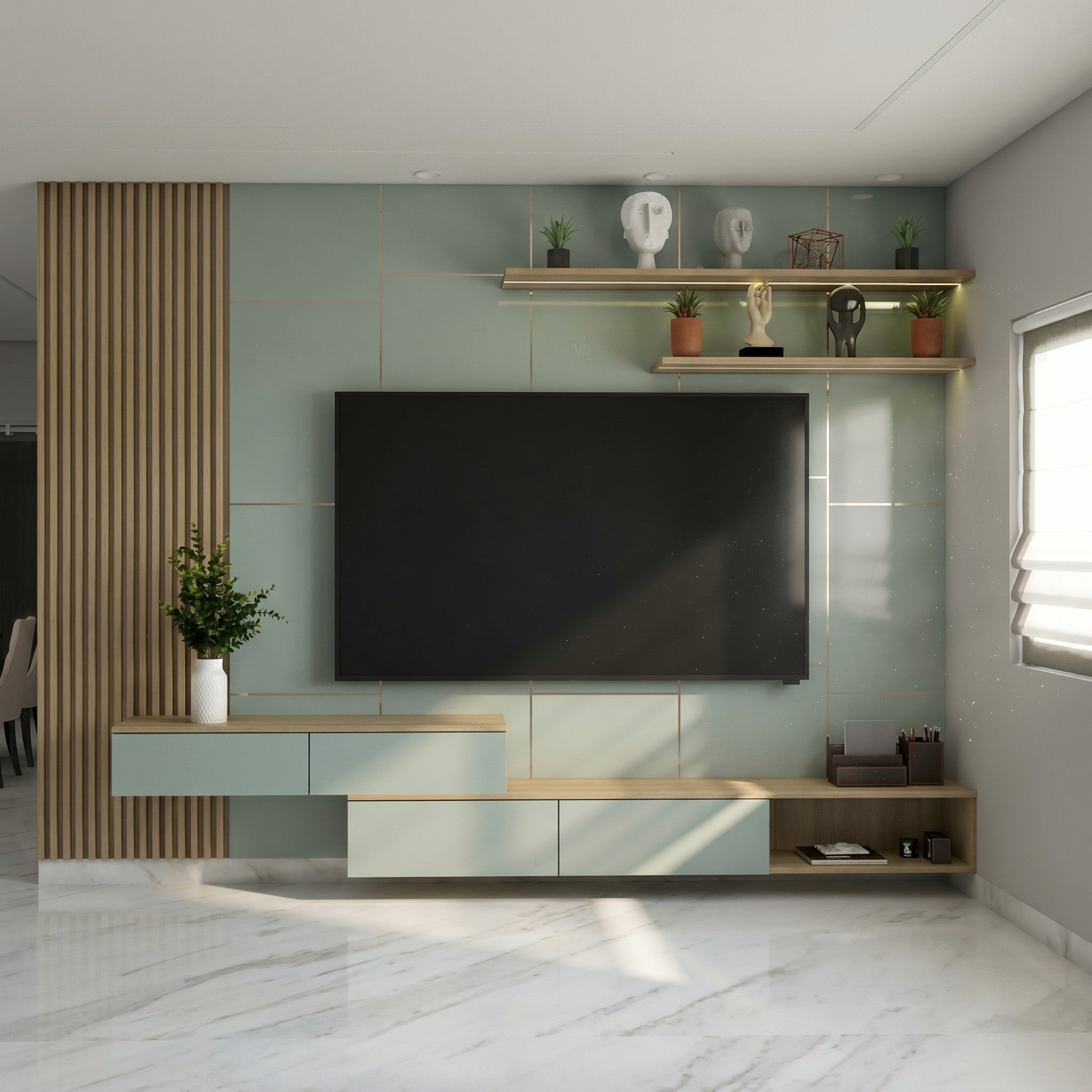 Sage Green & Oak Modular TV Wall Unit with Fluted Panels and Floating Display Shelves