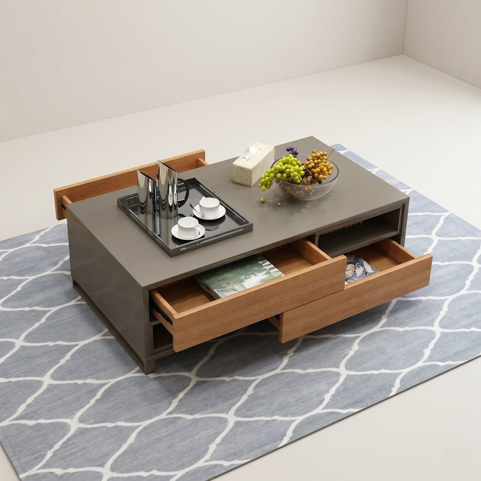 Matte Grey Coffee Table with Oak Slide-Out Drawers, Open Niche & Side Trays