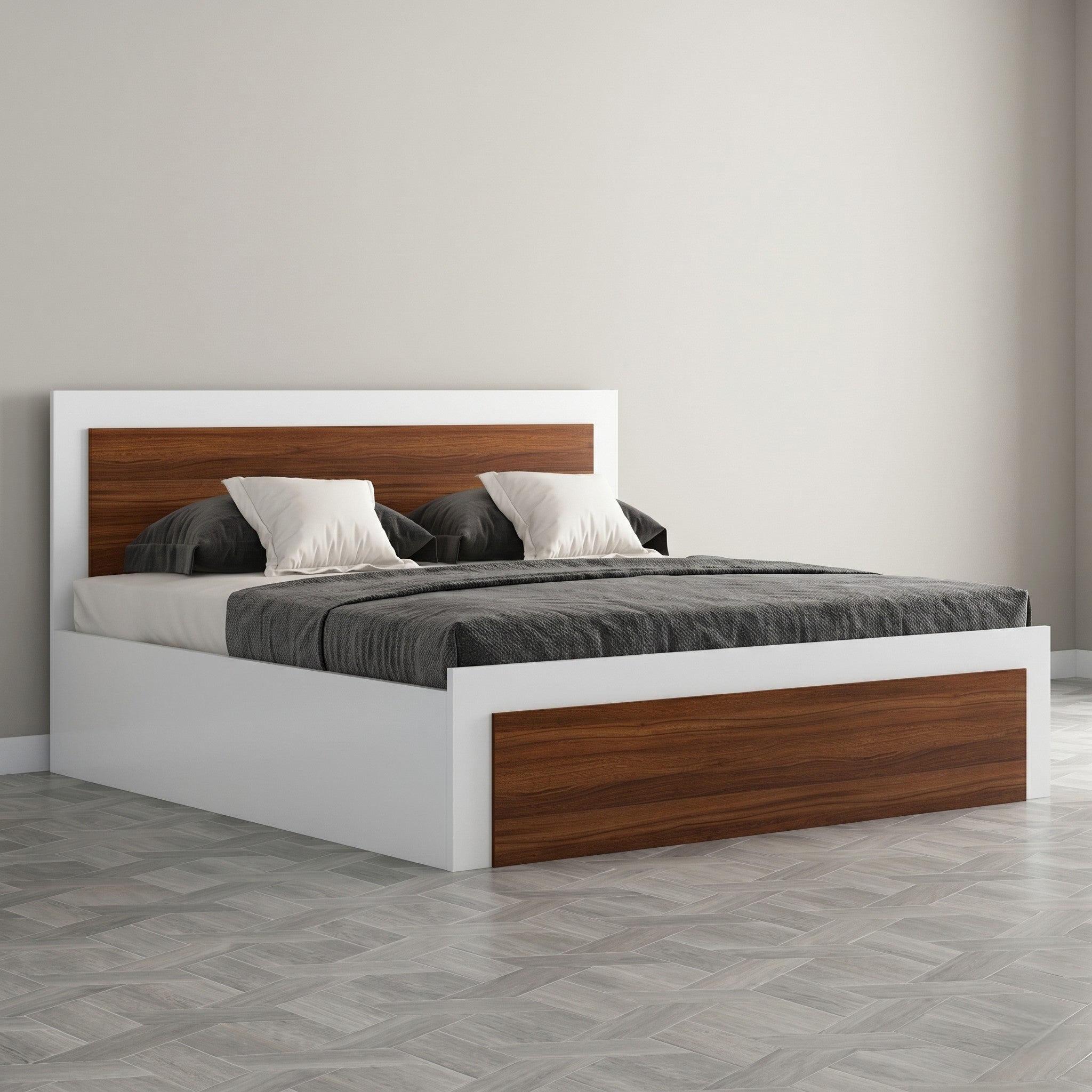 White & Walnut Two-Tone Platform Bed with Framed Wood Panel Headboard and Footboard