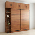 Walnut Sliding Door Wardrobe with Loft Cabinets, Open Side Display Shelves and Bronze Handles