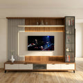 Walnut & White Full-Wall TV Entertainment Unit with Glass Display Cabinet and LED Lighting