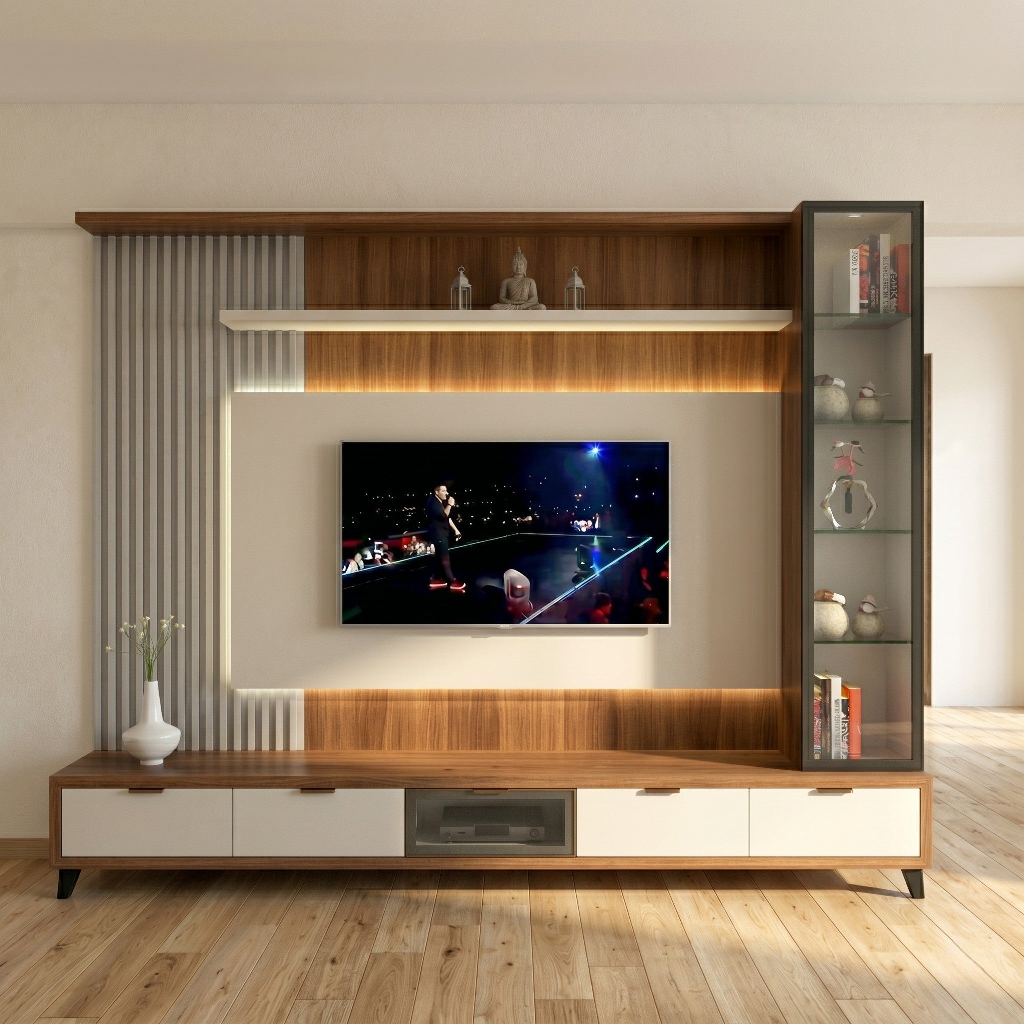 Walnut & White Full-Wall TV Entertainment Unit with Glass Display Cabinet and LED Lighting