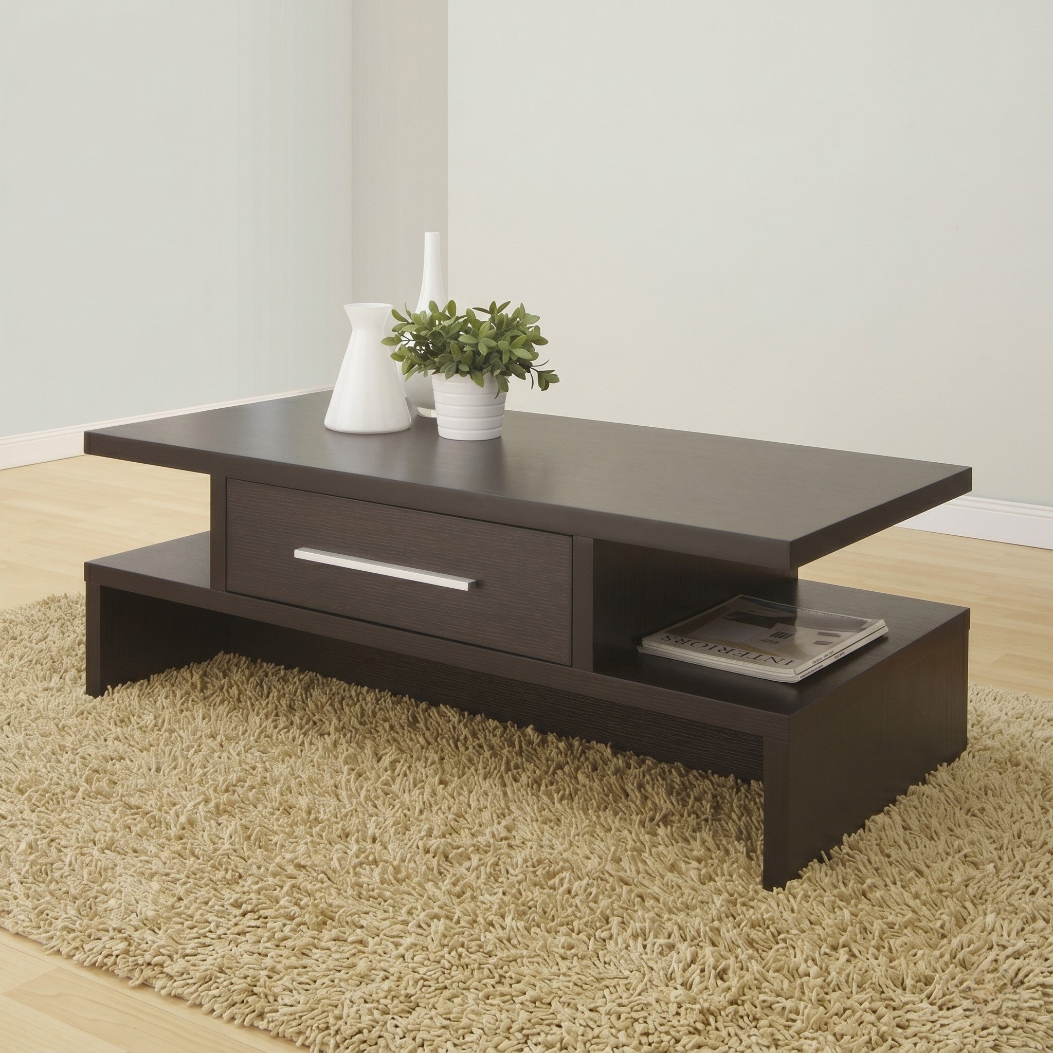 Espresso Wenge Coffee Table with Centre Drawer, Open Side Shelf & Cantilever Top