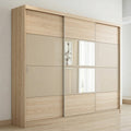 Light Oak & Greige Three-Door Sliding Wardrobe with Centre Mirror Panels and Slim Recessed Handles