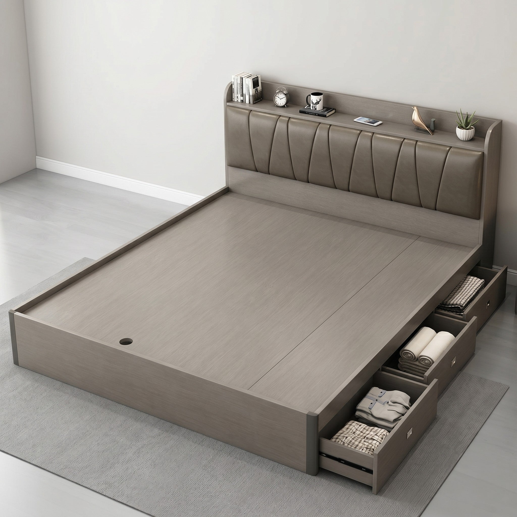 Taupe Leather Storage Bed with Vertical Stitched Headboard, Top Shelf and Side Drawers