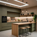 Olive Green Matte L-Shaped Modular Kitchen with Oak Island, Open Floating Shelves, Stone Backsplash and Geometric Pendant Lights