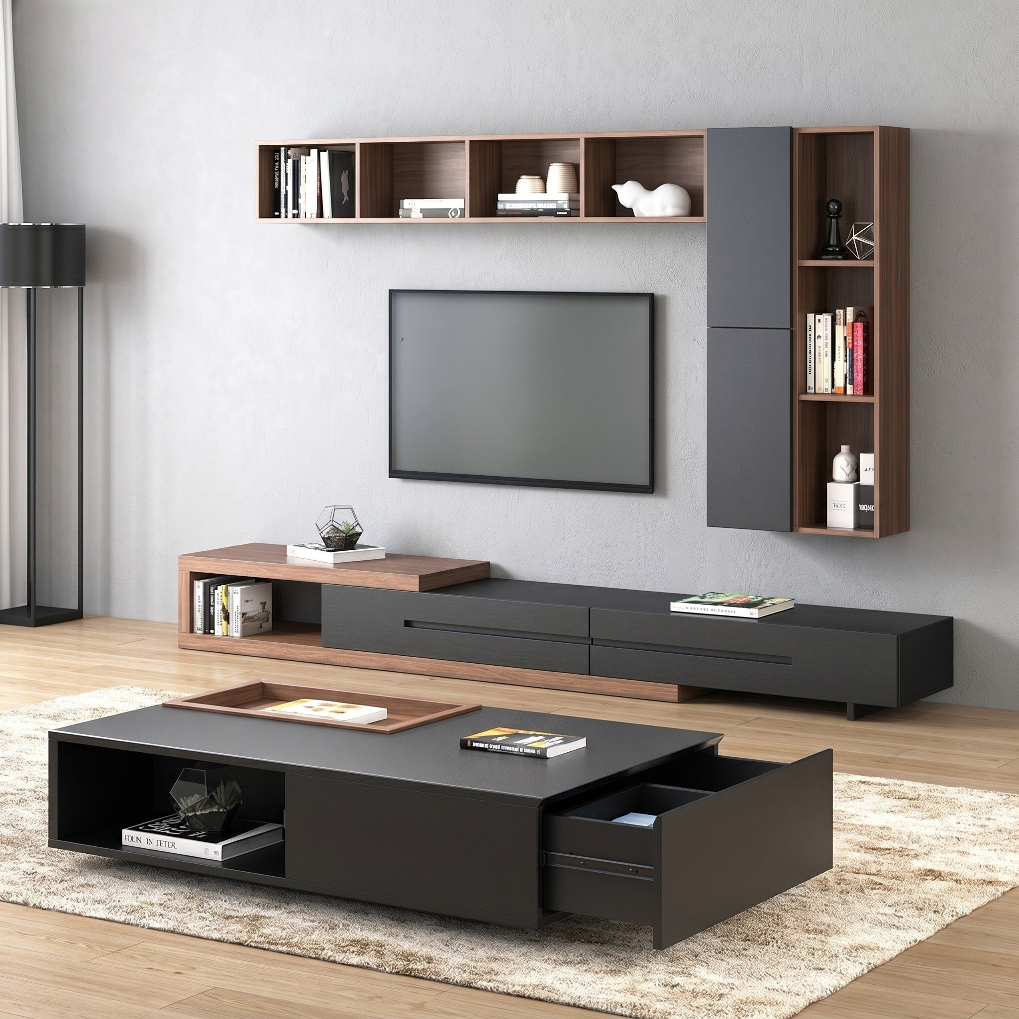 Walnut & Graphite Modular TV Wall Unit with Wall-Mounted Shelves and Coffee Table Set