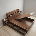 Walnut Maximum Storage Bed with Hydraulic Lift Base, Bookcase Headboard and Graphite Pull-Out Drawers