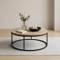 Round Oak Coffee Table with Circular Black Steel Frame
