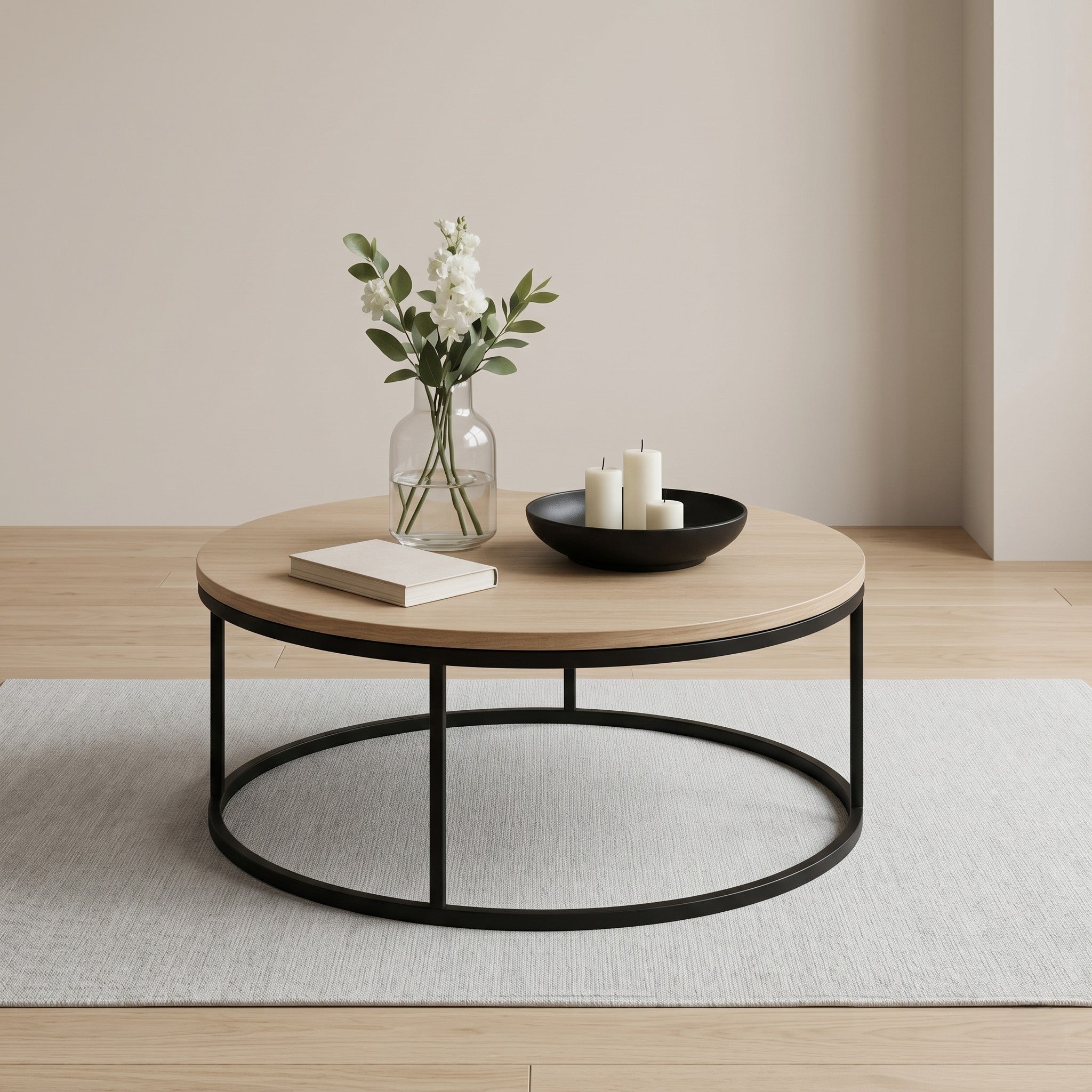 Round Oak Coffee Table with Circular Black Steel Frame