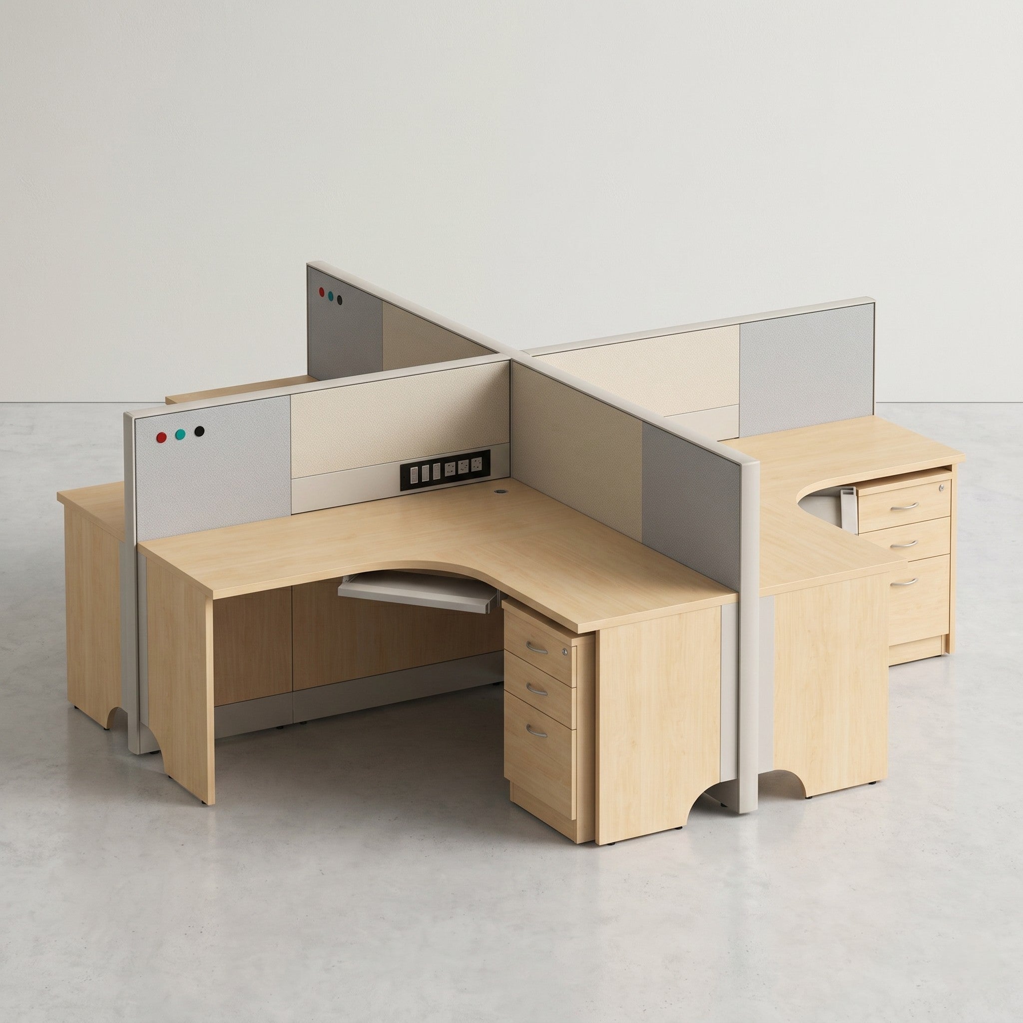 4-Seat Cluster Workstation with Acoustic Screens & Pedestals – Light Maple & Grey
