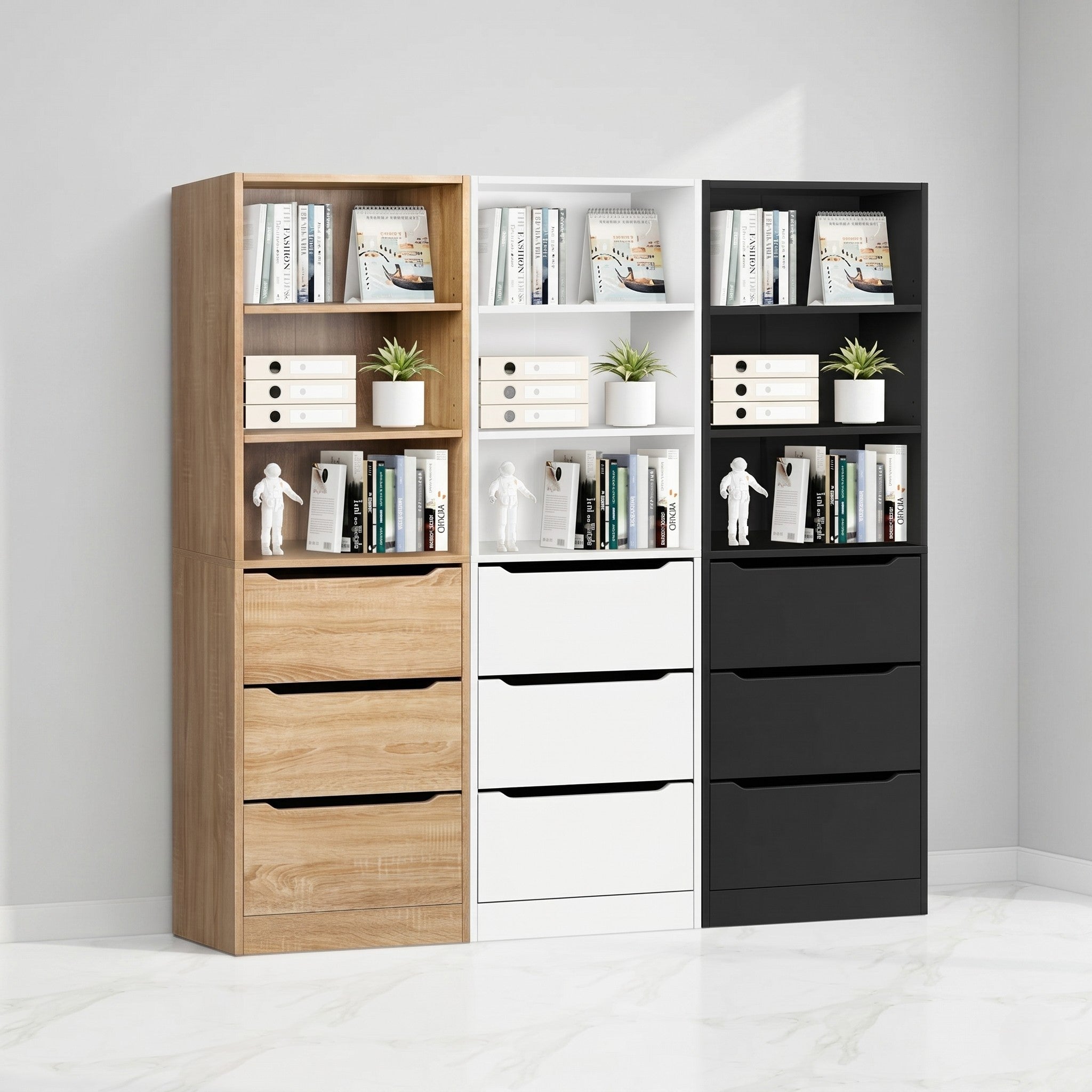 Tall Office Bookcase with Drawers – Multi-Finish
