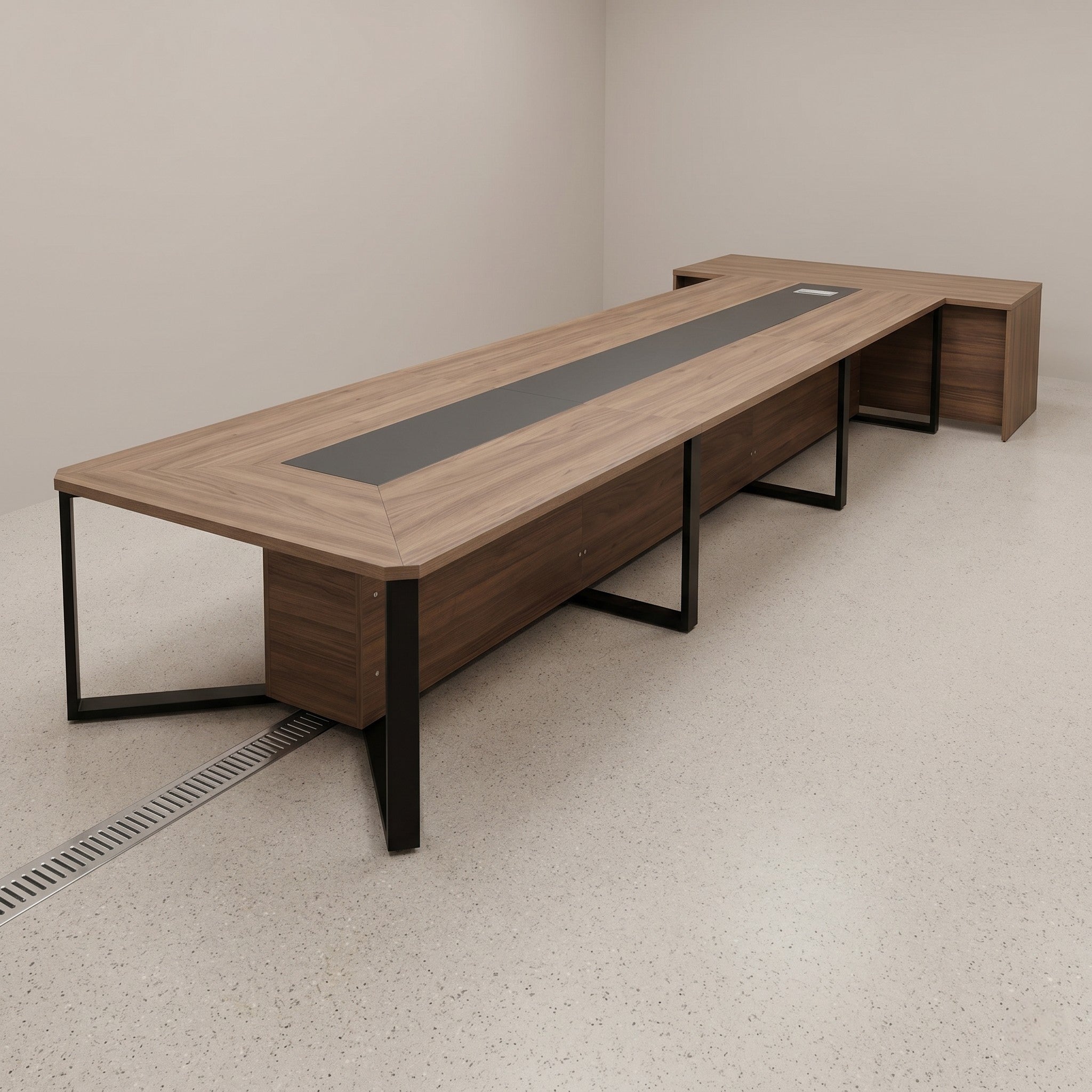 L-Shaped Conference Table with Side Credenza & Cable Management – Natural Oak & Black