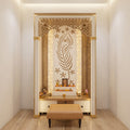 White & Gold Full-Height Pooja Mandir with Ornate Jali Arch, Krishna Peacock Feather Back Panel, LED Halo Lighting, Stepped Altar and One Drawer