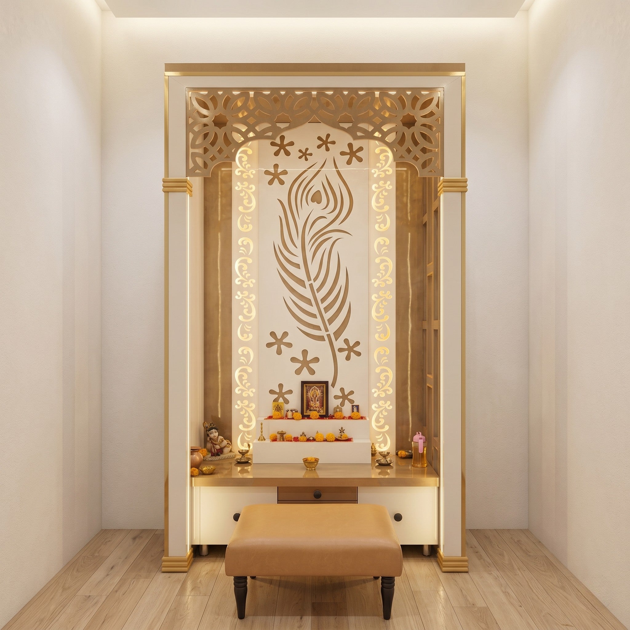 White & Gold Full-Height Pooja Mandir with Ornate Jali Arch, Krishna Peacock Feather Back Panel, LED Halo Lighting, Stepped Altar and One Drawer