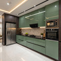 Sage Green Gloss L-Shaped Modular Kitchen with Black Granite Countertop, Herringbone Backsplash and Integrated Appliances