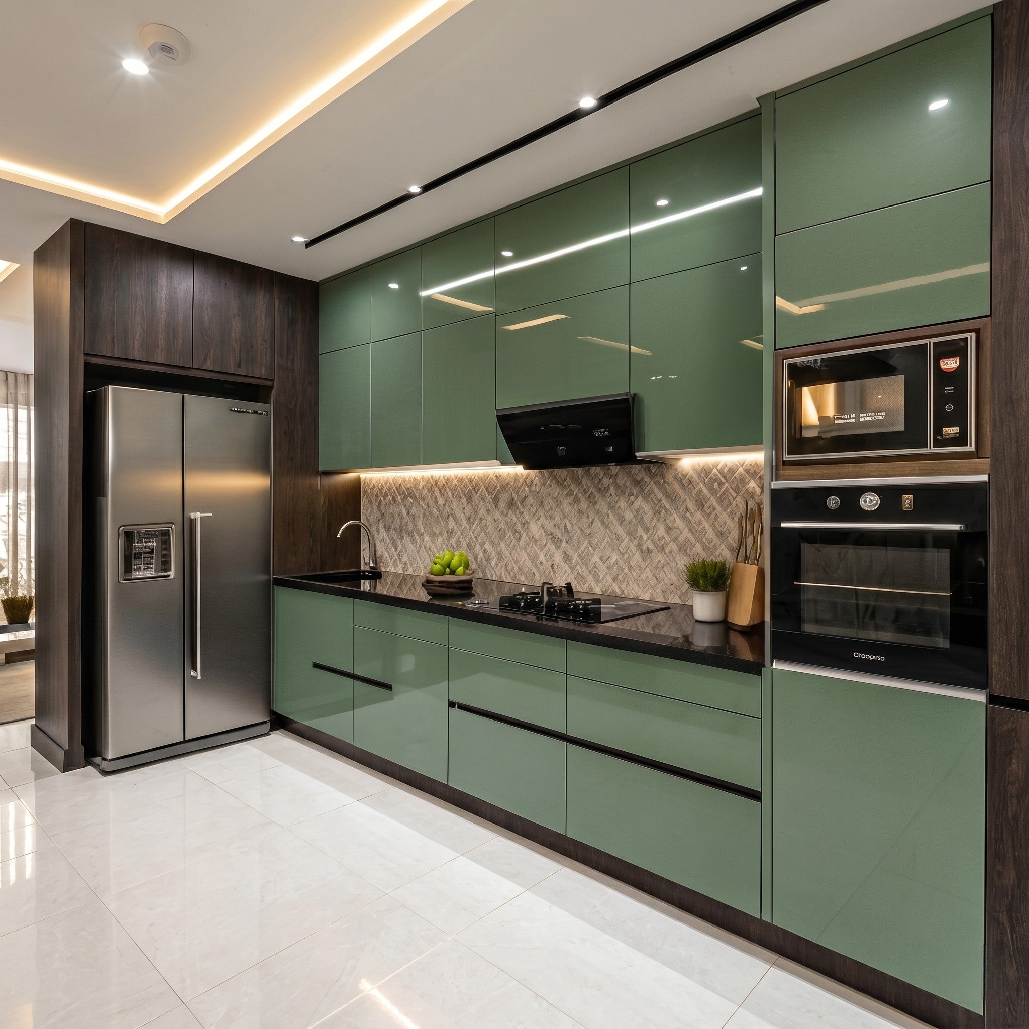 Sage Green Gloss L-Shaped Modular Kitchen with Black Granite Countertop, Herringbone Backsplash and Integrated Appliances