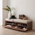 Walnut Entryway Shoe Storage Bench with Cream Upholstered Seat Cushions, Three Open Compartments and Pull-Out Shoe Drawer