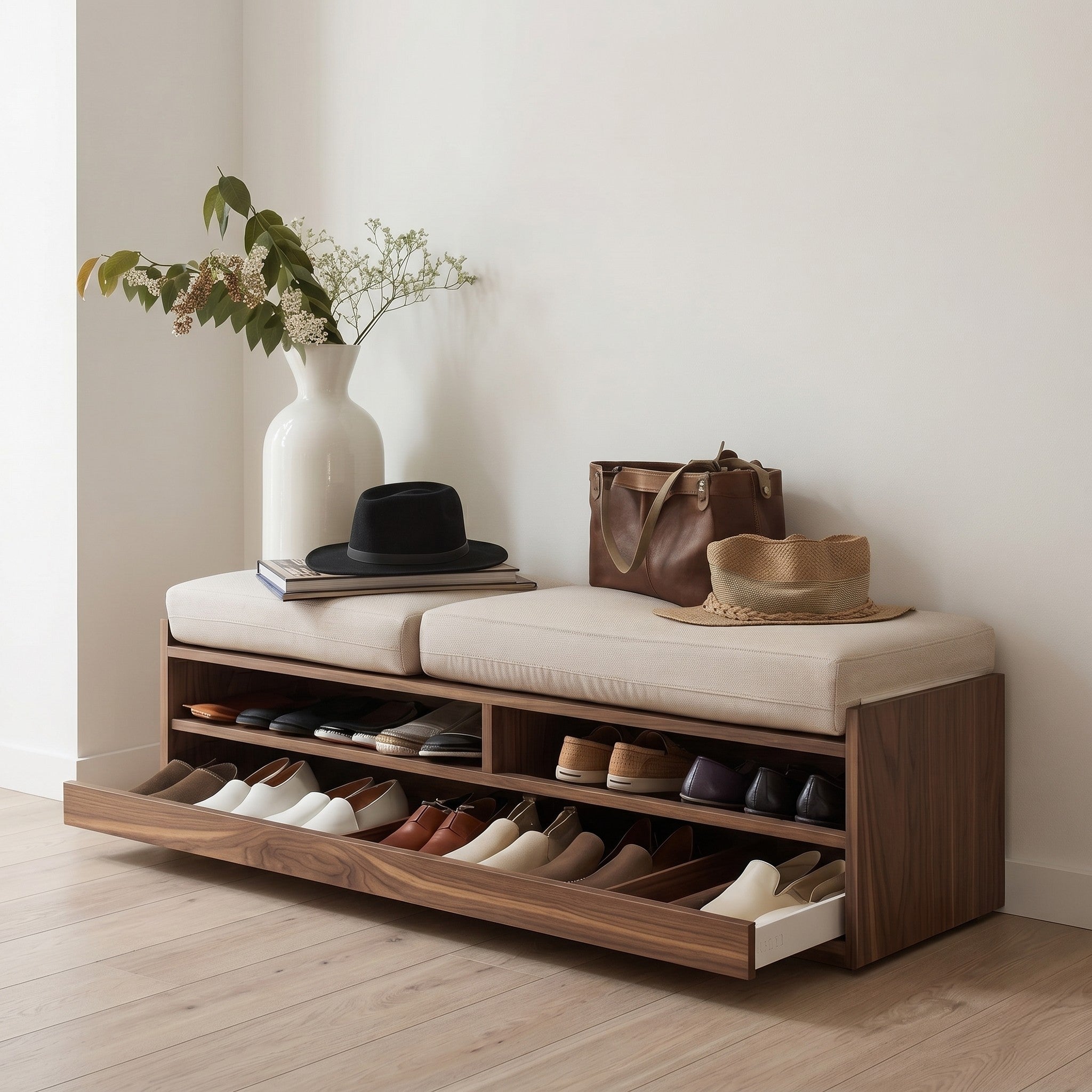 Walnut Entryway Shoe Storage Bench with Cream Upholstered Seat Cushions, Three Open Compartments and Pull-Out Shoe Drawer