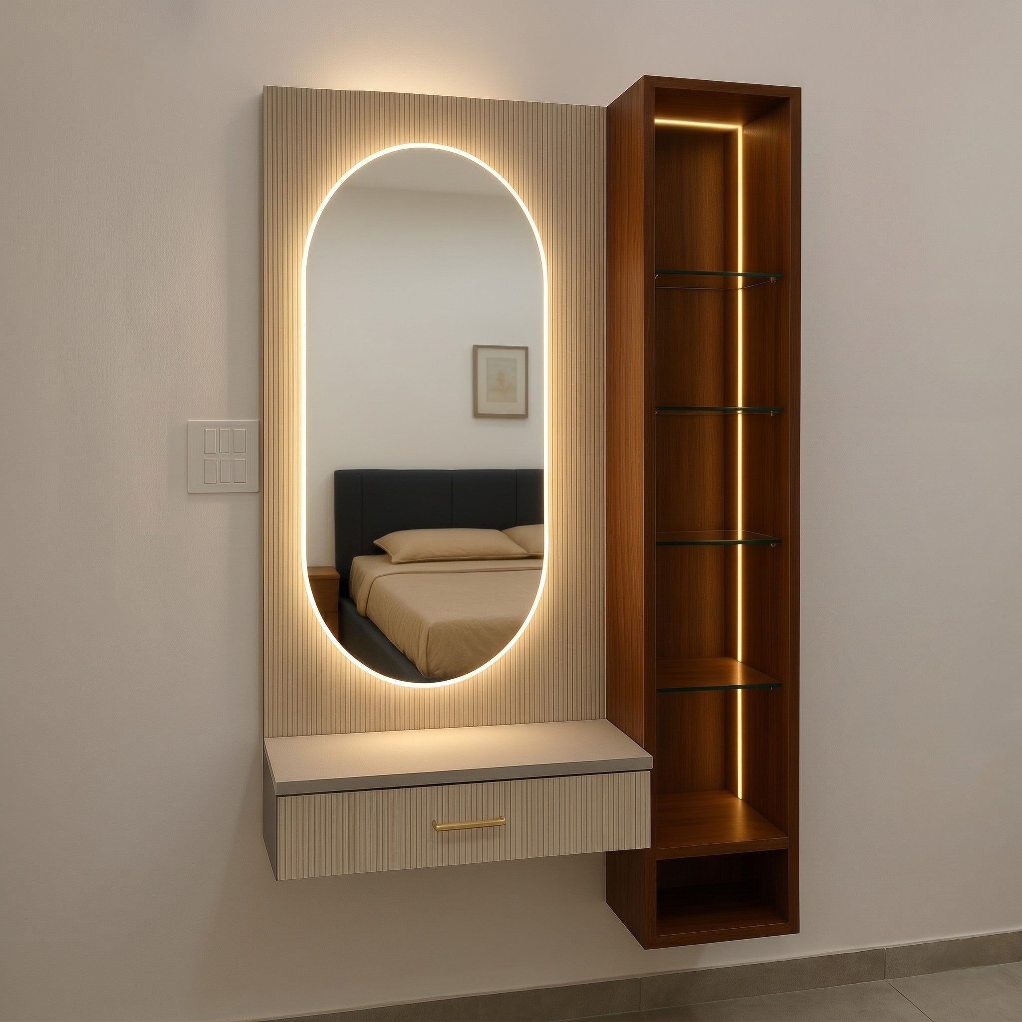 Wall-Mounted Dressing Unit with LED Oval Mirror & Side Shelving Tower