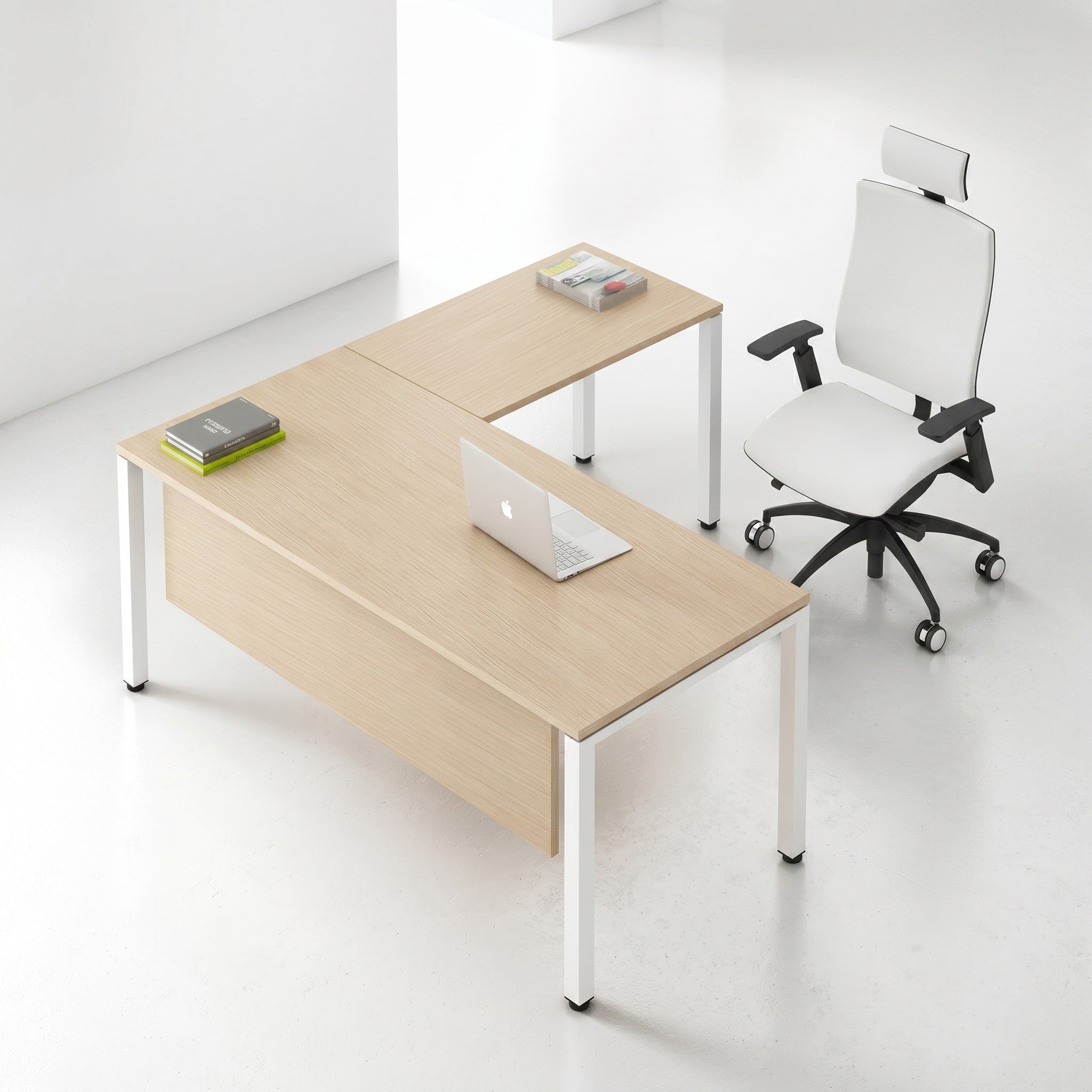 L-Shaped Executive Desk with Modesty Panel – Light Maple & White