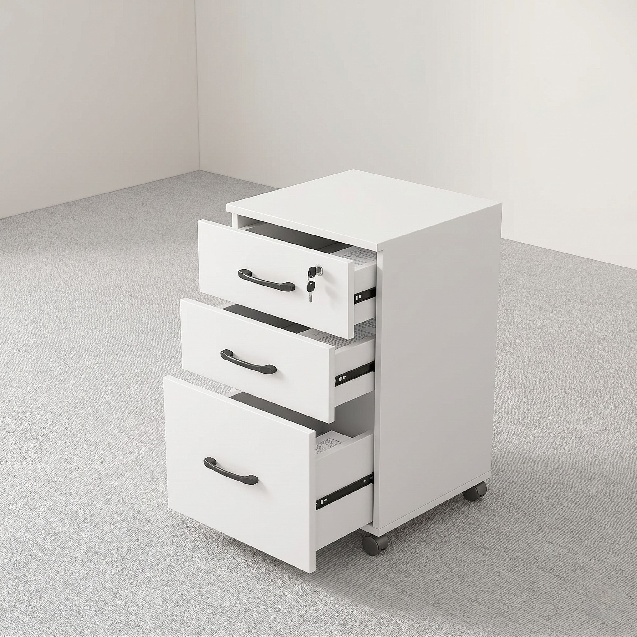 3-Drawer Mobile Pedestal with Lockable Top Drawer – White