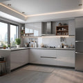 Light Grey Gloss L-Shaped Modular Kitchen with White Upper Cabinets, Open Walnut Shelves and Stainless Steel Appliances