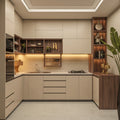 Cream & Walnut U-Shaped Modular Kitchen with Open Walnut Display Shelves, LED Under-Cabinet Lighting and Integrated Appliances