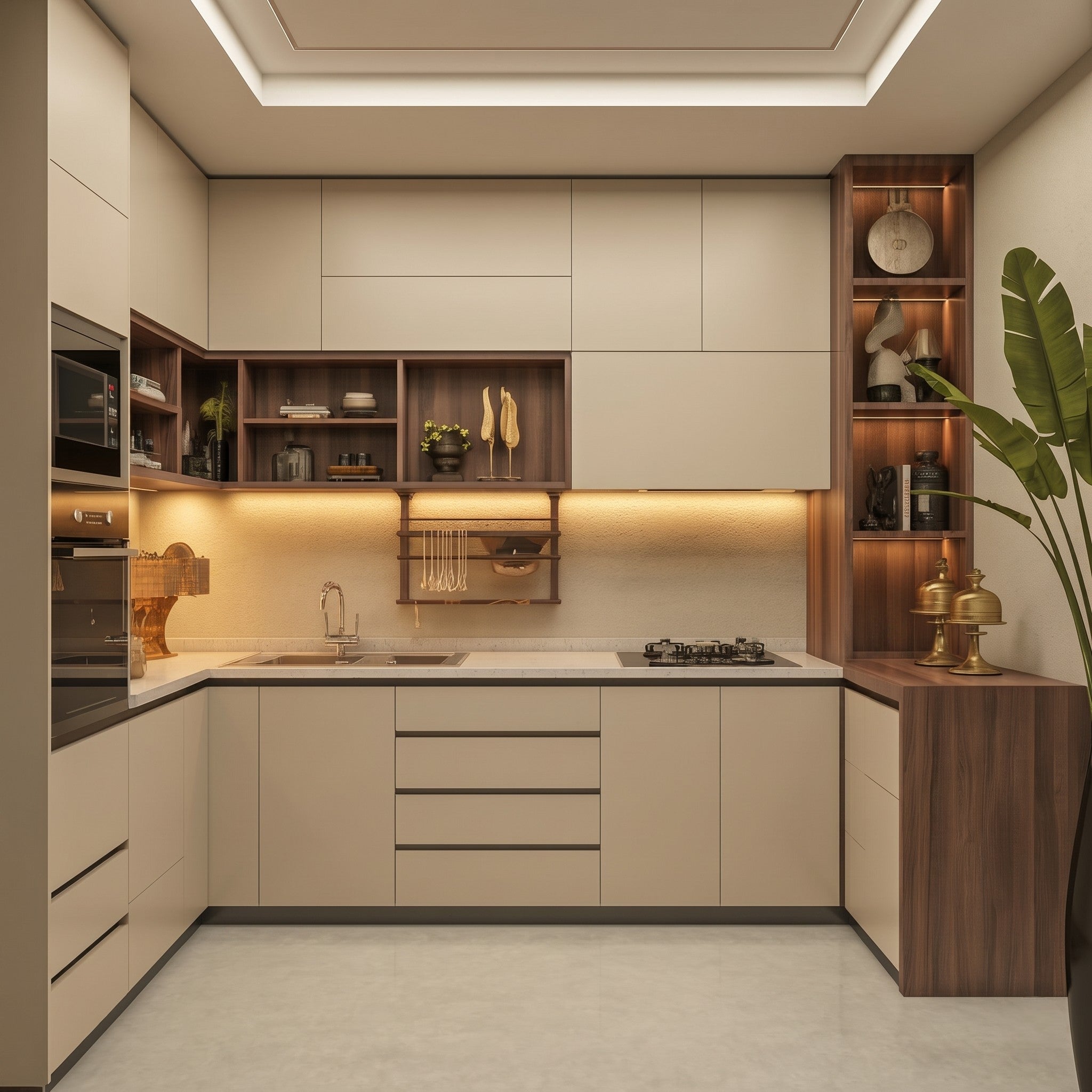 Cream & Walnut U-Shaped Modular Kitchen with Open Walnut Display Shelves, LED Under-Cabinet Lighting and Integrated Appliances