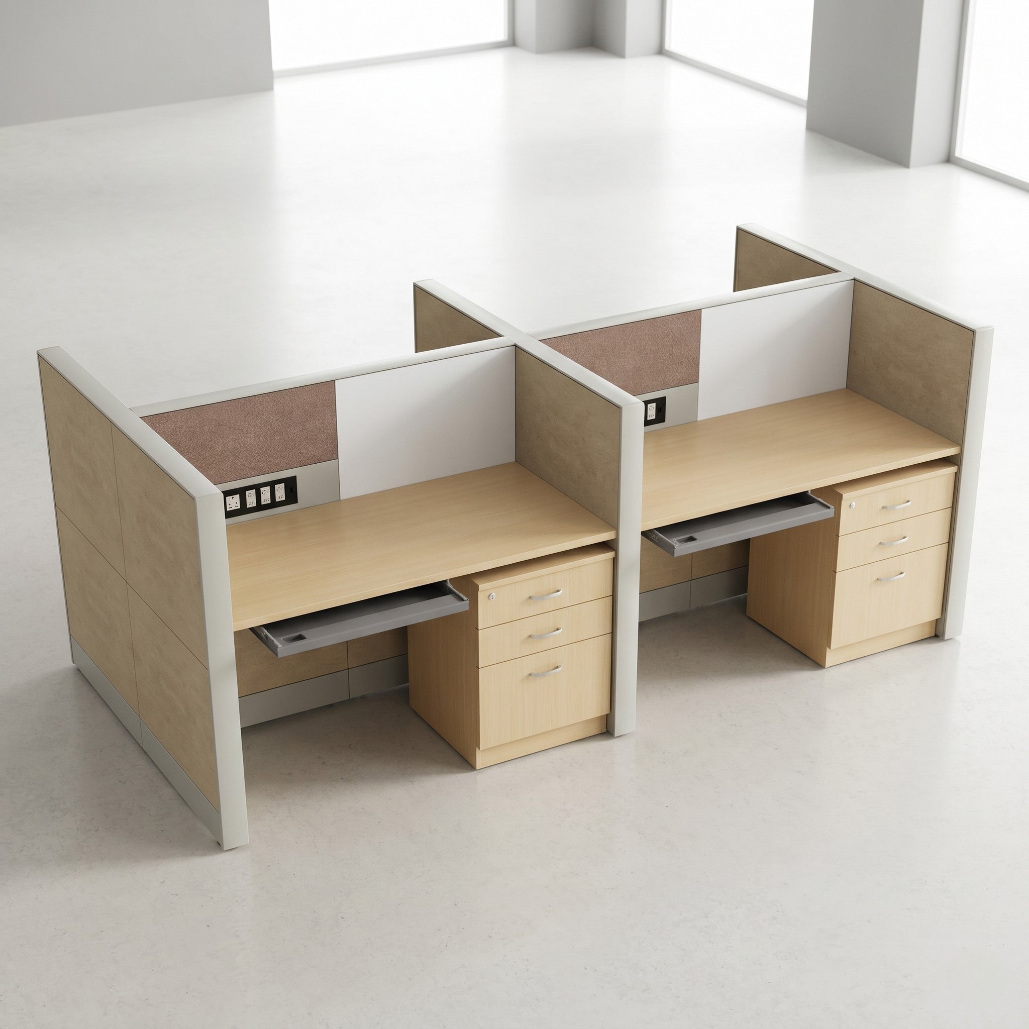 2-Seat Back-to-Back Cubicle Workstation with Fabric Screens & Keyboard Tray – Maple & White