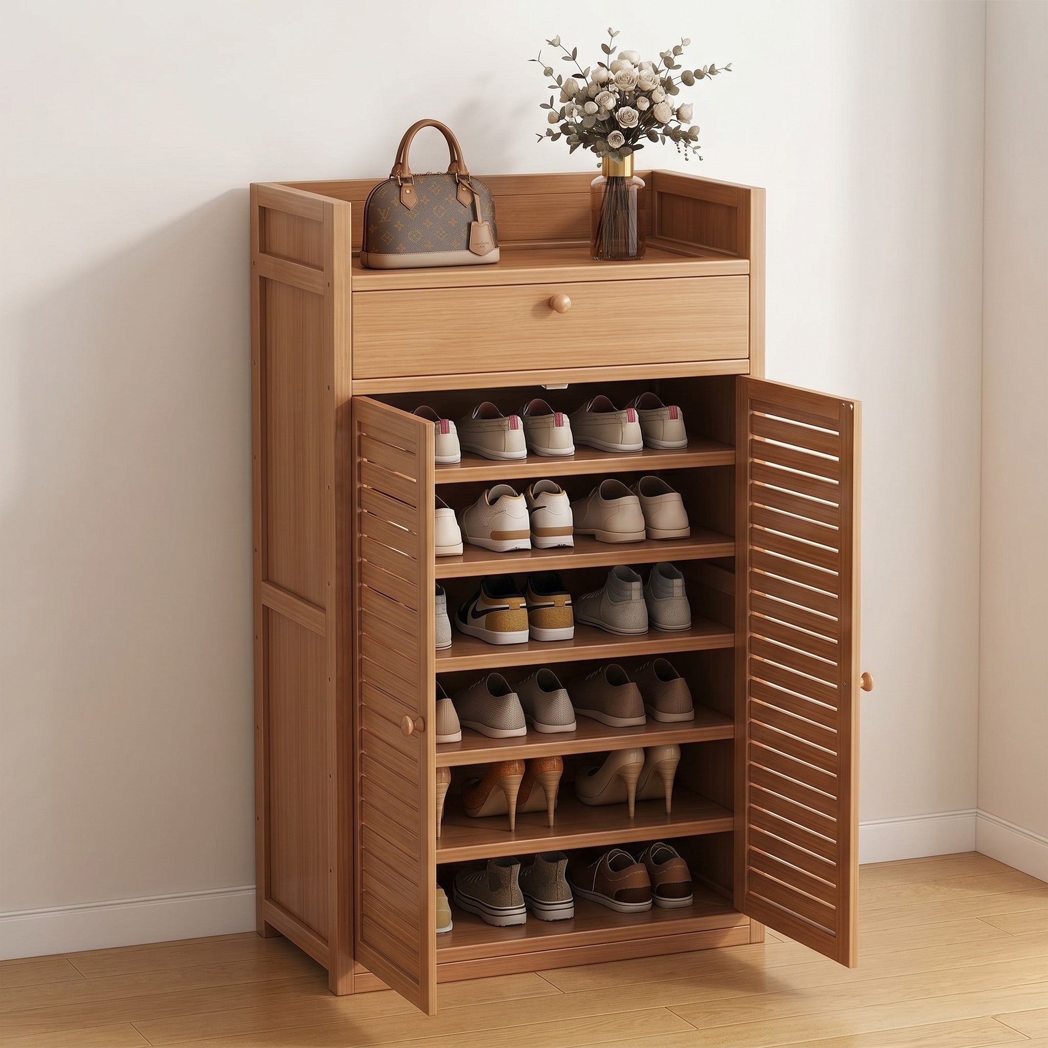 Natural Oak Louvred-Door Shoe Cabinet with Six Internal Shelves, One Drawer and Open Display Top
