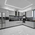 Silver Grey High-Gloss L-Shaped Modular Kitchen with Black Granite Countertop, Grey Glass Backsplash and Full Appliance Suite