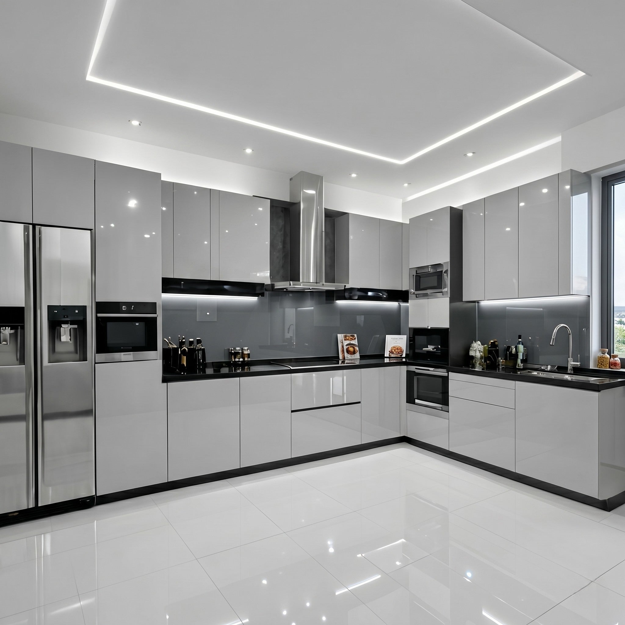 Silver Grey High-Gloss L-Shaped Modular Kitchen with Black Granite Countertop, Grey Glass Backsplash and Full Appliance Suite