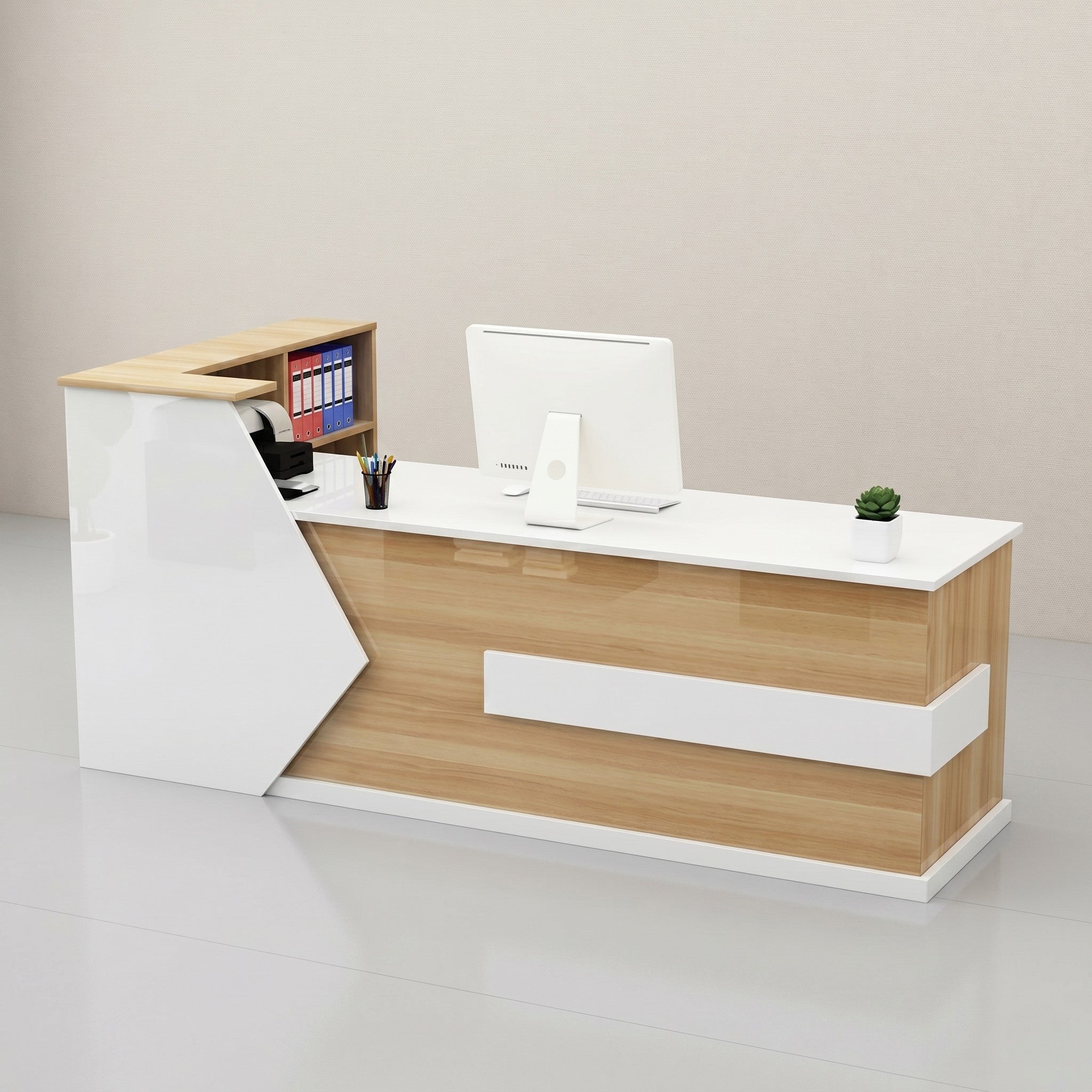 L-Shaped Reception Desk with Raised Transaction Counter & Binder Shelf – White & Oak