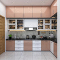 Blush Pink & White Gloss L-Shaped Modular Kitchen with Glass-Front Upper Cabinets, Black Marble Countertop and Grey Tile Backsplash