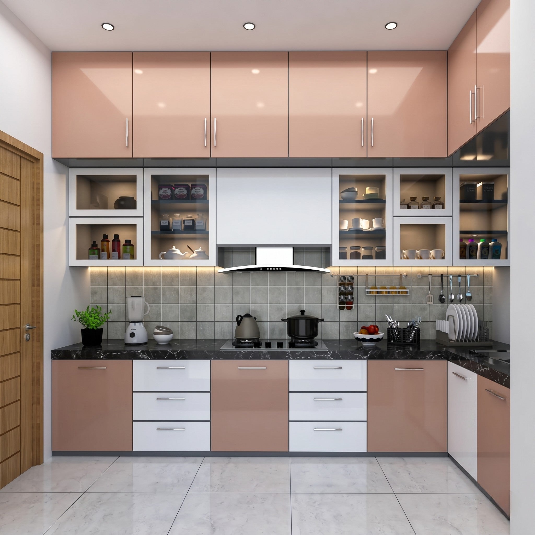 Blush Pink & White Gloss L-Shaped Modular Kitchen with Glass-Front Upper Cabinets, Black Marble Countertop and Grey Tile Backsplash