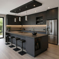 Matte Charcoal Modular Kitchen with Central Island, Dark Quartz Countertop, Open Display Niche and Pendant Lighting