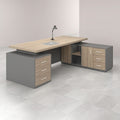 Executive Desk with Floating Top, Block Pedestal & Side Credenza – Oak & Charcoal