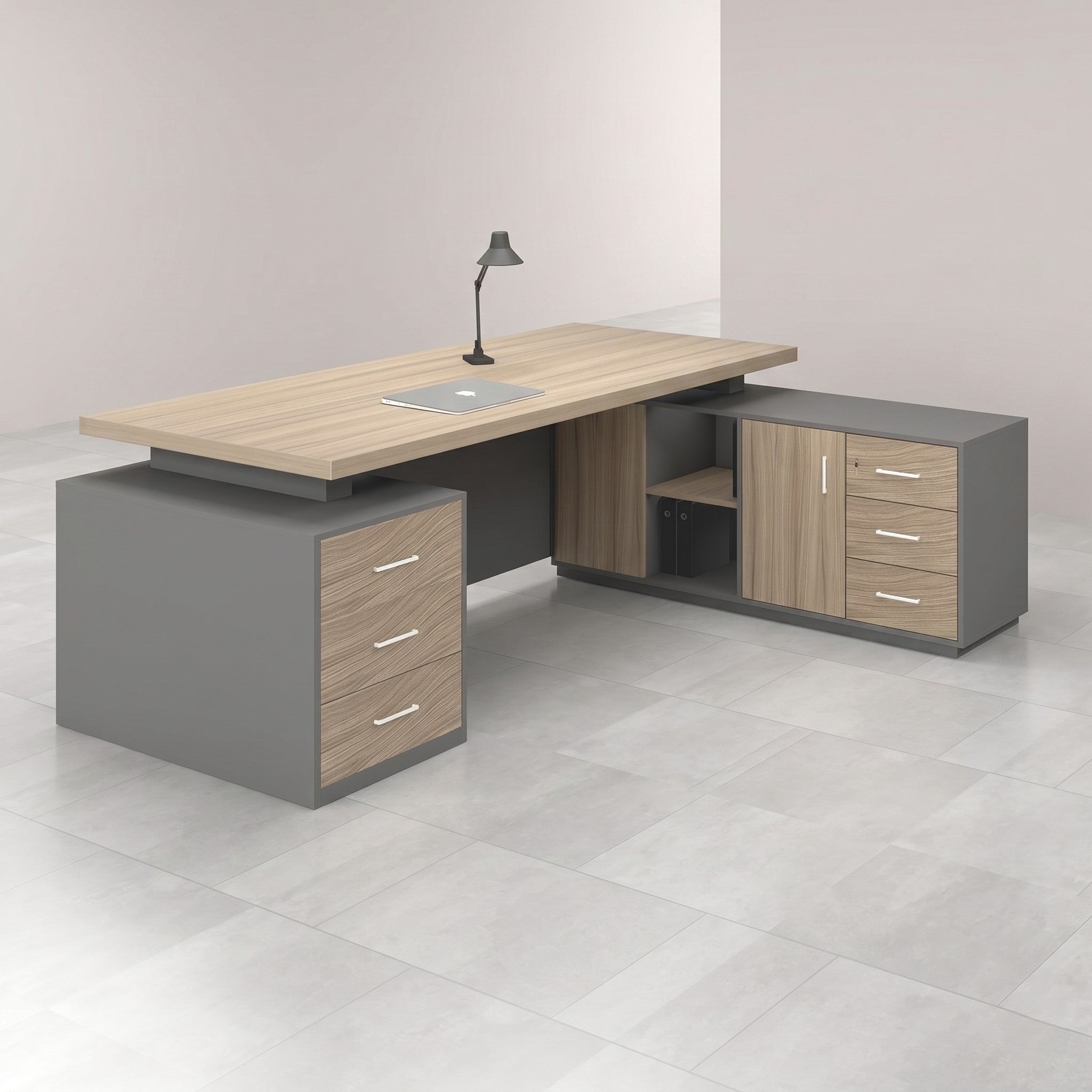 Executive Desk with Floating Top, Block Pedestal & Side Credenza – Oak & Charcoal