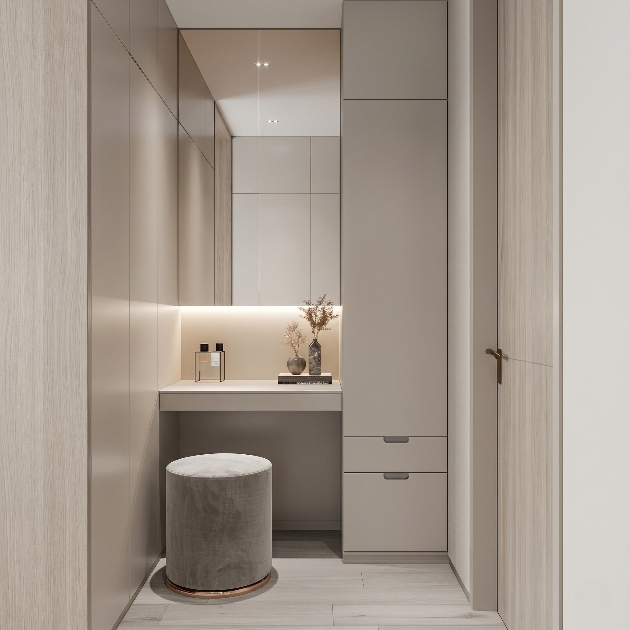 Built-In Vanity Dressing Nook with Floor-to-Ceiling Mirror & Tall Storage Tower