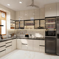 Ivory Gloss L-Shaped Modular Kitchen with Fluted Glass Display Cabinets, Dark Marble Countertop and Integrated Appliance Tower