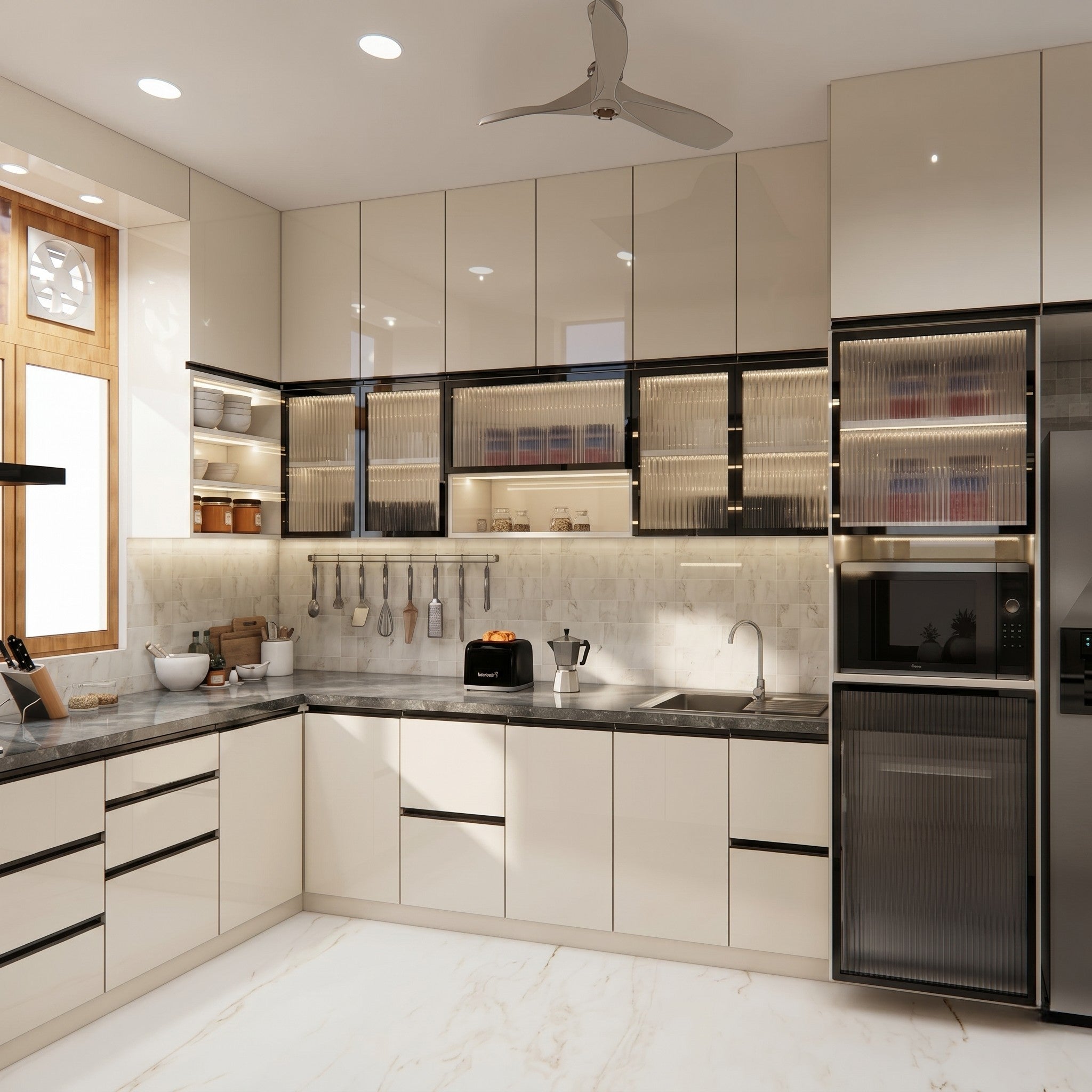 Ivory Gloss L-Shaped Modular Kitchen with Fluted Glass Display Cabinets, Dark Marble Countertop and Integrated Appliance Tower
