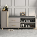 Greige & Gold Luxury Entryway Shoe Bench with Tall LED Cabinet Tower, Grey Velvet Seat, Two Drawers and Four Open Shoe Shelves on Gold Legs