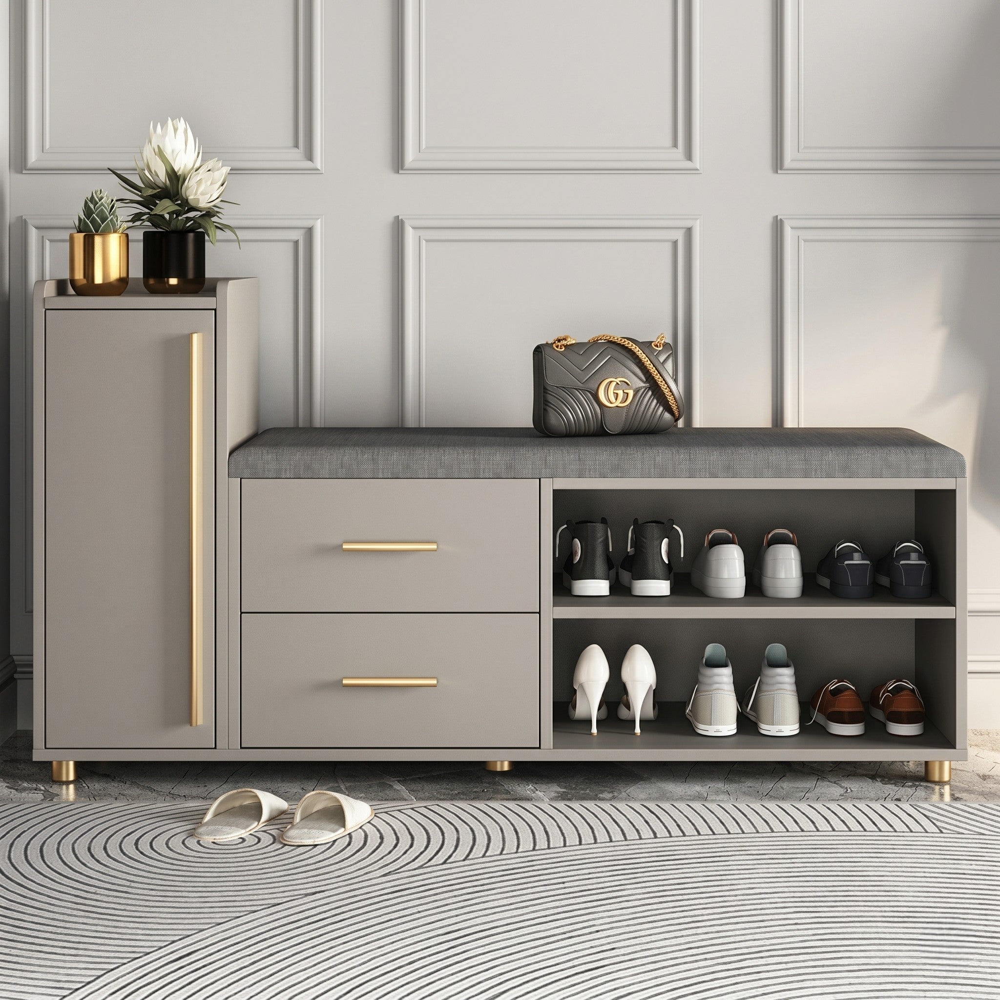 Greige & Gold Luxury Entryway Shoe Bench with Tall LED Cabinet Tower, Grey Velvet Seat, Two Drawers and Four Open Shoe Shelves on Gold Legs