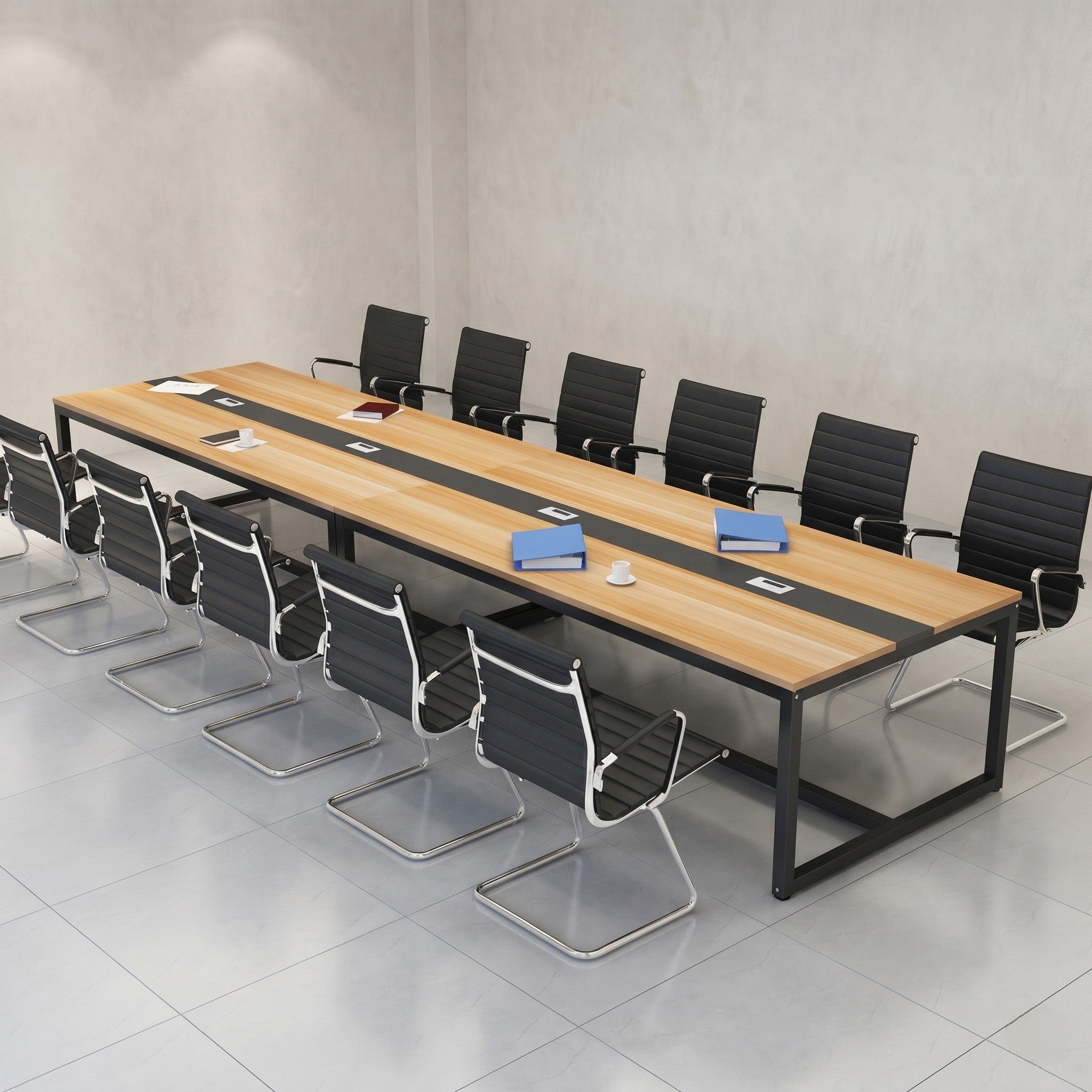 Long Conference Table with Cable Management Strip & Black Frame – Oak & Black
