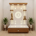 White & Walnut Om Lotus Pooja Mandir with Backlit Jali Panels, Temple Bell Motifs, Two Open Deity Shelves, White Marble Altar and One Drawer