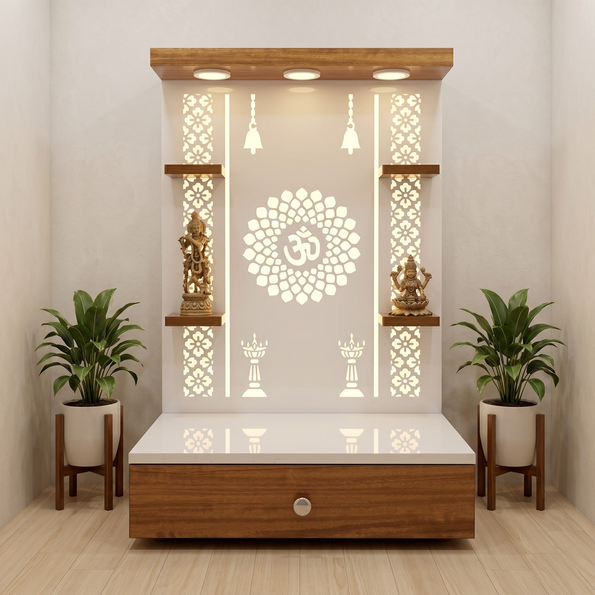 White & Walnut Om Lotus Pooja Mandir with Backlit Jali Panels, Temple Bell Motifs, Two Open Deity Shelves, White Marble Altar and One Drawer